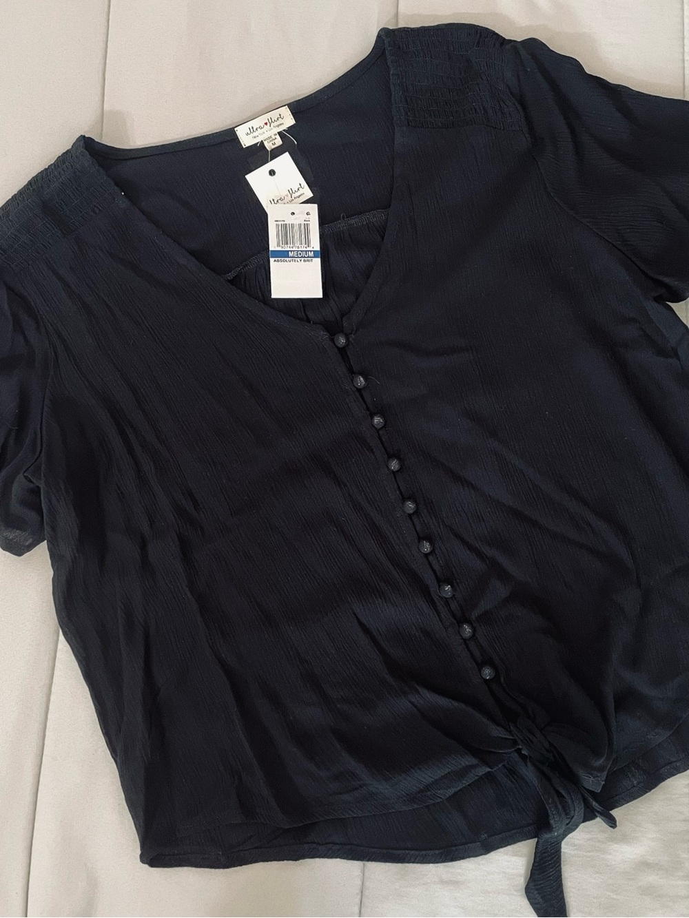 Ultra Flirt Black Button-Down Front Tie Top